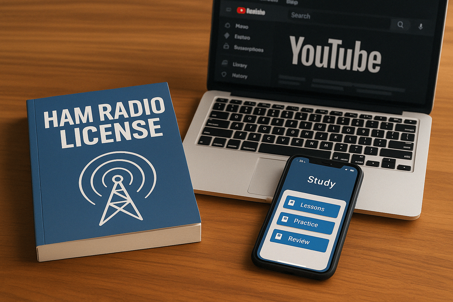 Ham radio license study materials on a table