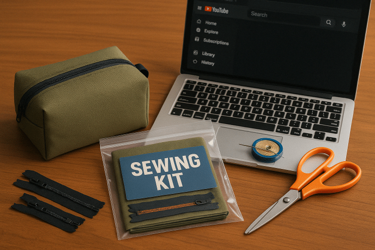 A completed boxy bag with sewing kit, computer, and scissors