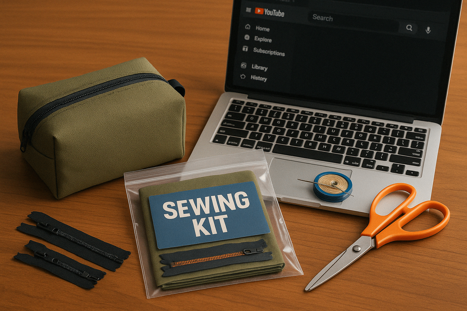 A completed boxy bag with sewing kit, computer, and scissors