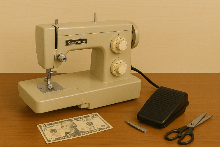 Vintage beige Kenmore sewing machine with foot pedal, scissors, and ten-dollar bill on wooden table – budget-friendly sewing setup for beginners.