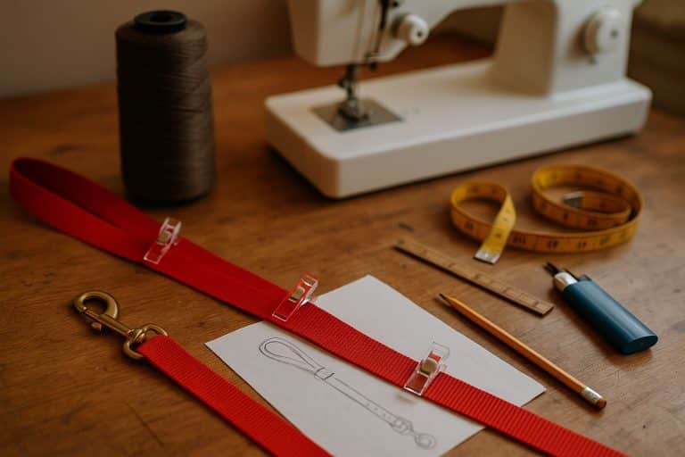 DIY sewing workspace with nylon webbing, snap hook, heavy-duty thread, and sewing machine ready for a custom dog leash MYOG project.