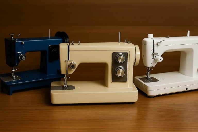 Vintage Kenmore 158.1941 sewing machine centered between a blue Sailrite LSZ-1 and a white Juki TL-18 QVP, displayed on a wooden table for a MYOG sewing upgrade journey.