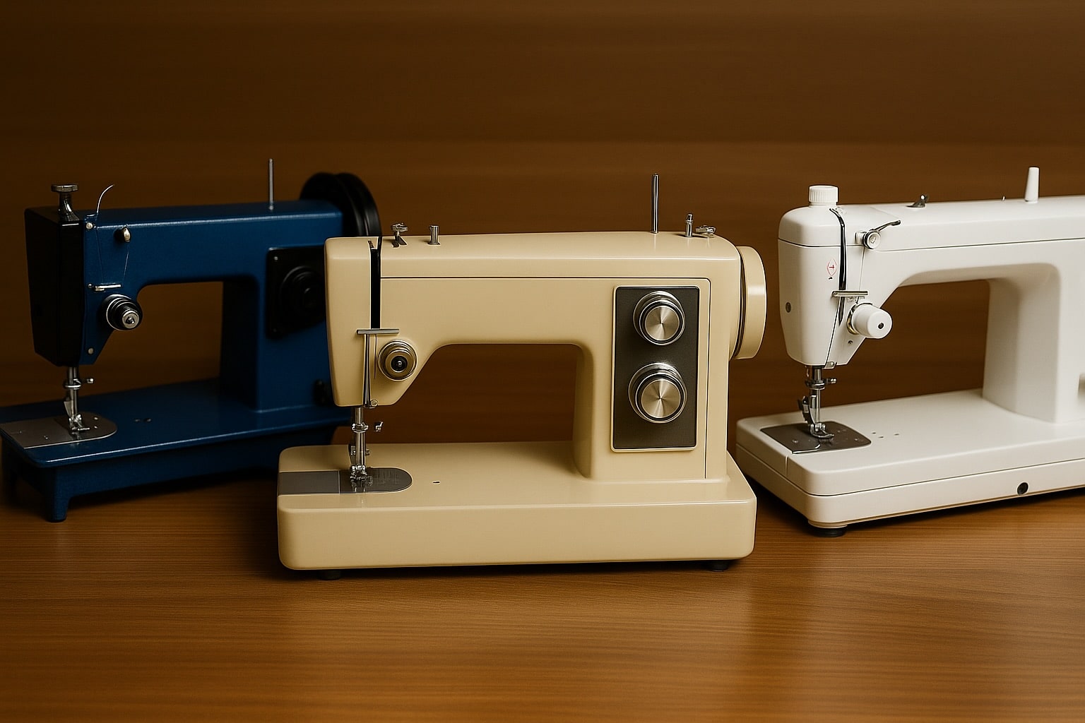 Vintage Kenmore 158.1941 sewing machine centered between a blue Sailrite LSZ-1 and a white Juki TL-18 QVP, displayed on a wooden table for a MYOG sewing upgrade journey.