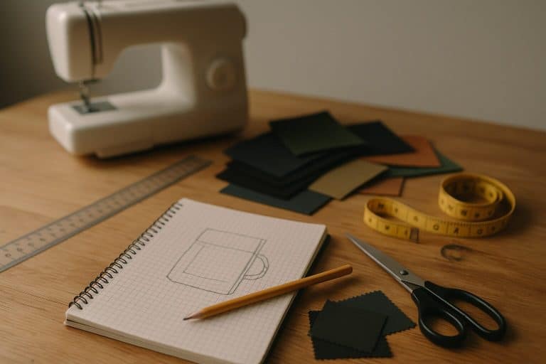 MYOG project planning workspace with a rough sewing sketch, metric ruler, fabric swatches, and a sewing machine in the background.