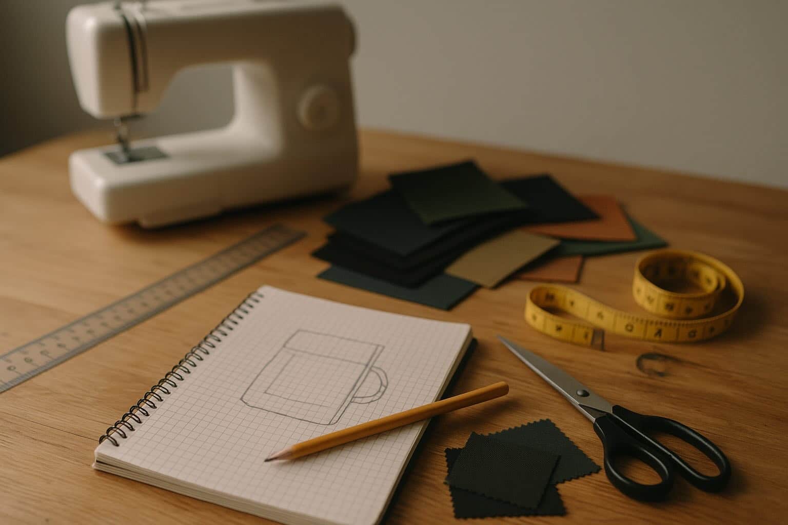 MYOG project planning workspace with a rough sewing sketch, metric ruler, fabric swatches, and a sewing machine in the background.