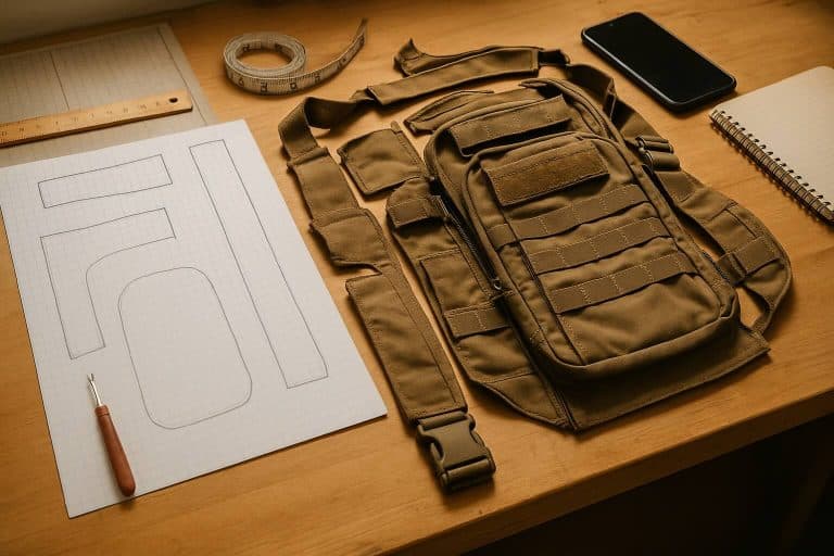 A sewing workspace showing a partially disassembled tactical bag, measuring tools, and traced patterns — highlighting the process of learning from gear construction.