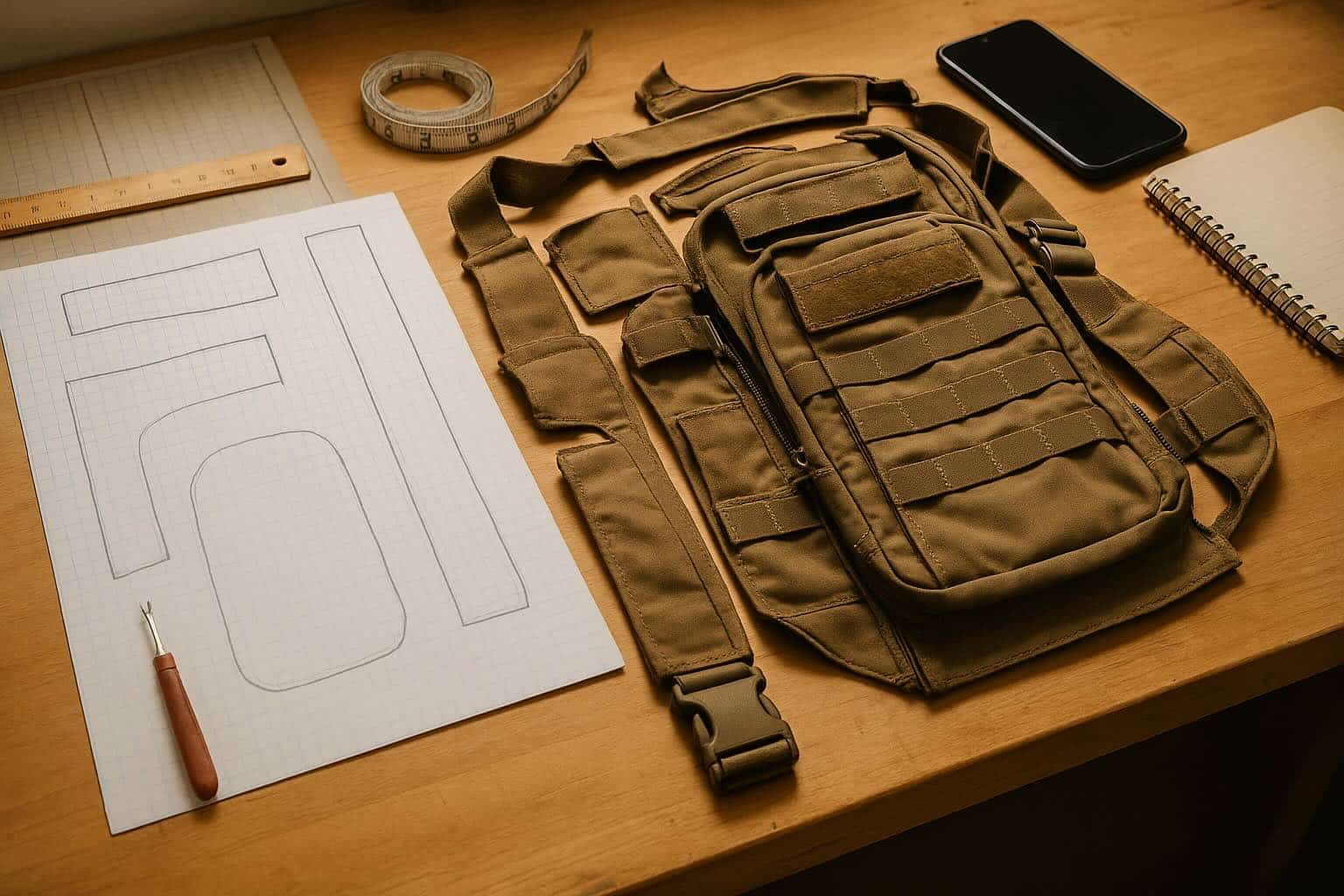 A sewing workspace showing a partially disassembled tactical bag, measuring tools, and traced patterns — highlighting the process of learning from gear construction.