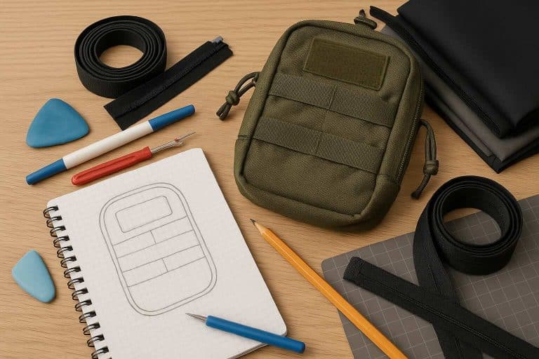 Tactical pouch on a workspace with sketchbook and sewing tools laid out, representing MYOG evaluation and planning.
