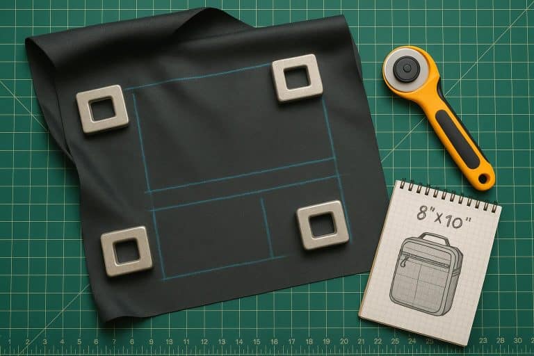 MYOG workspace with fabric, rotary cutter, and layout tools, showing the importance of careful measuring and cutting in sewing projects.