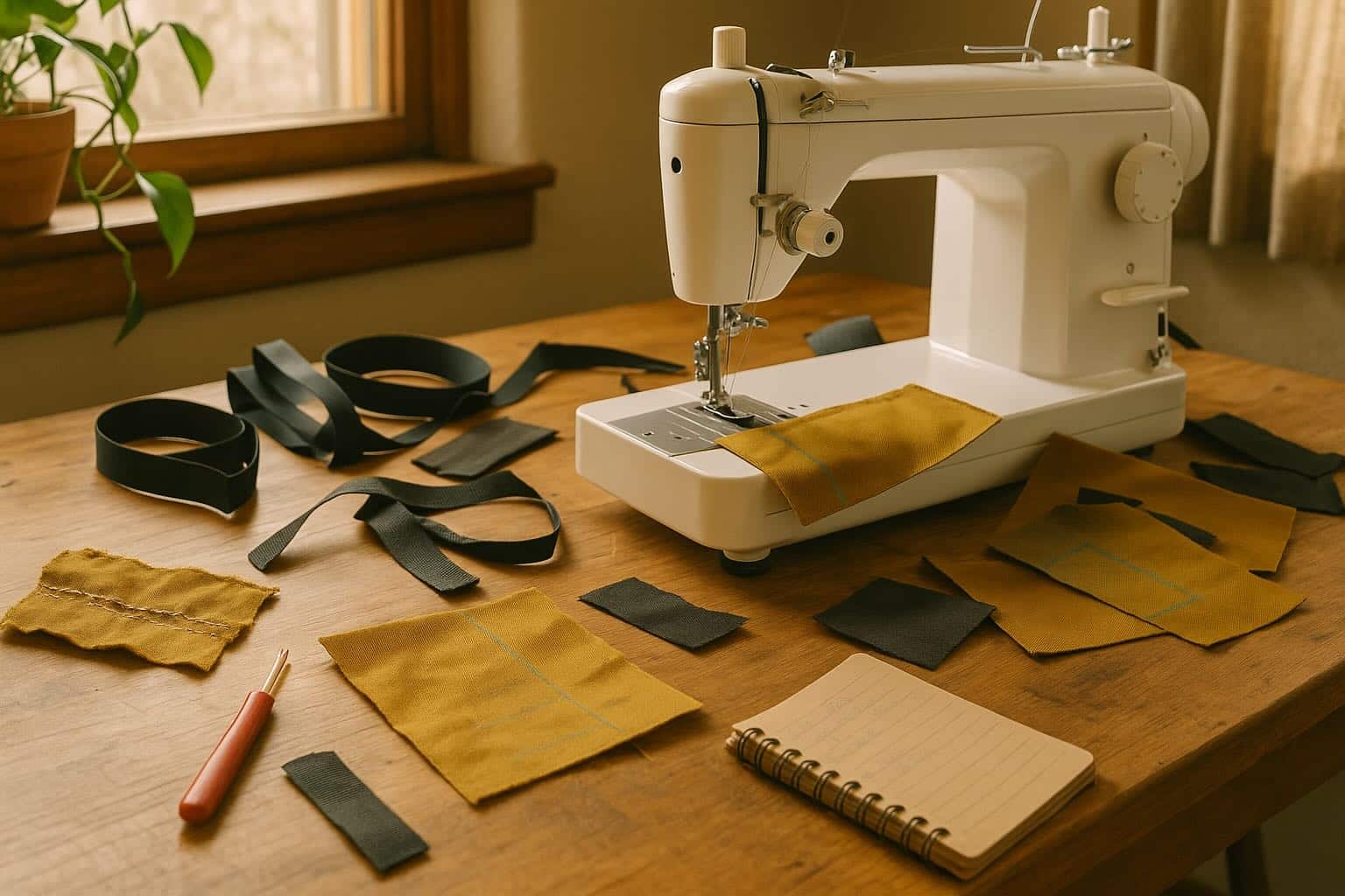Juki TL-18 sewing machine on a worktable with webbing, tools, and fabric scraps, representing the learning process behind common sewing mistakes in MYOG.