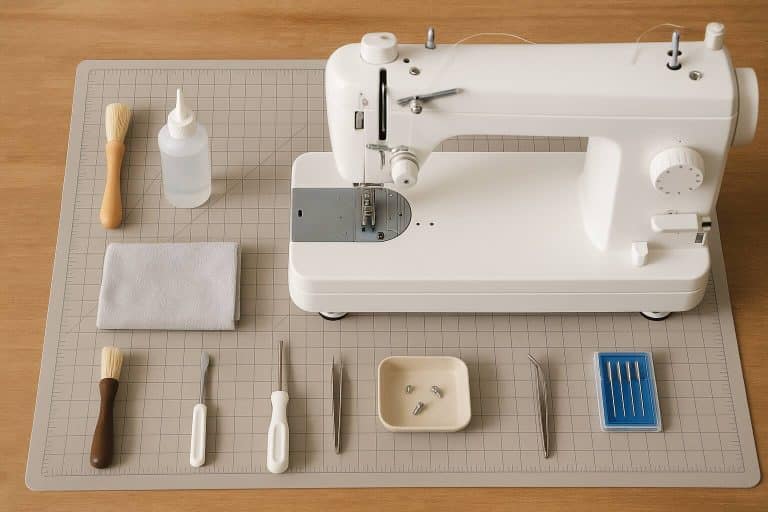 Juki TL-18 sewing machine surrounded by essential cleaning and maintenance tools, including sewing machine oil, lint brush, screwdriver, microfiber cloth, and spare needles, arranged on a tidy workspace for routine machine care.