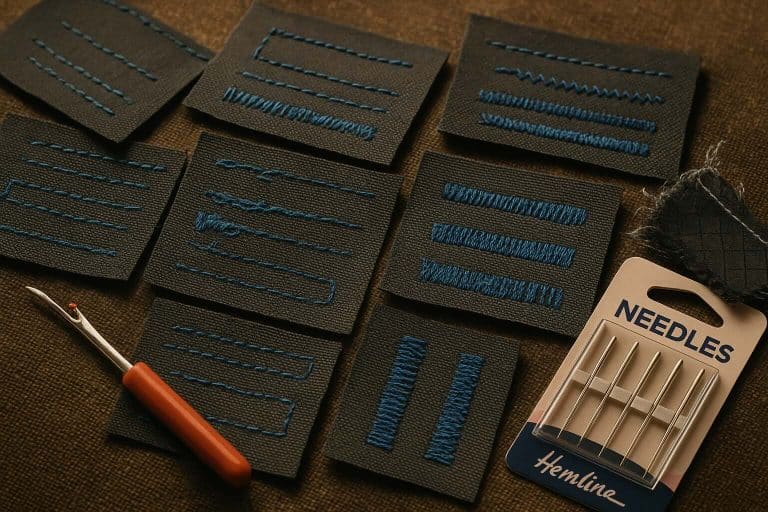 A close-up of test fabric scraps with stitching variations and tools, illustrating the importance of testing settings before sewing MYOG gear.