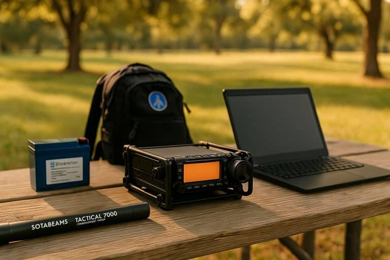 Complete POTA activation kit organized on picnic table showing all essential gear for portable ham radio operations