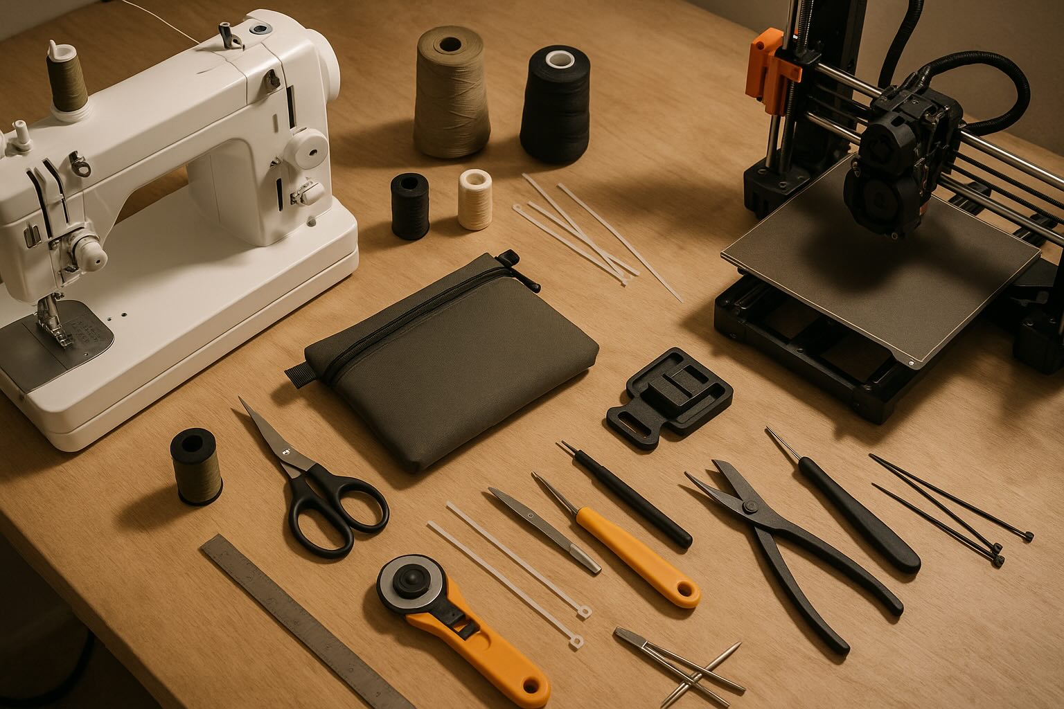 A creative workspace showing a sewing machine, 3D printer, and MYOG gear in progress, symbolizing the maker mindset and rethinking MYOG beyond just sewing.