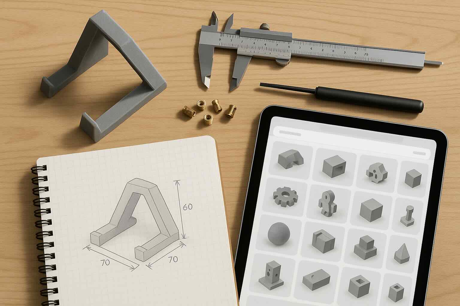 3D printing workspace flat-lay—printed stand, calipers, M4 heat-set inserts, measured sketch, and a tablet browsing 3D models on a repository like Printables.