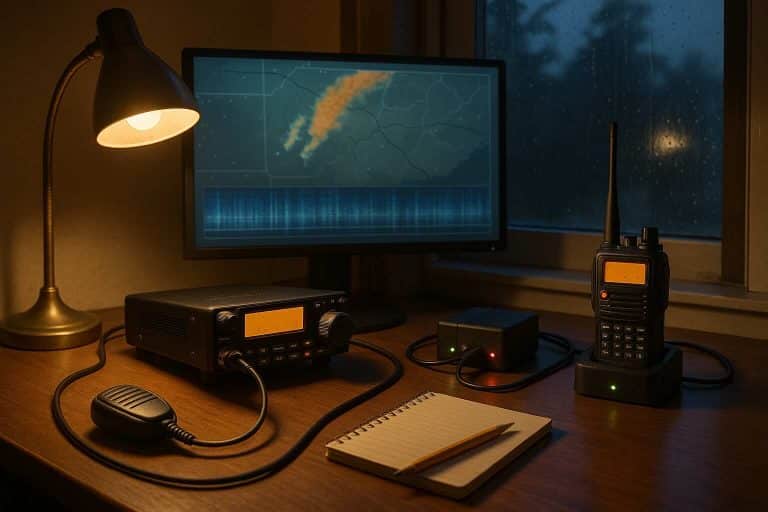 Tidy home ham radio desk with an HF rig, handheld, battery pack, and a screen showing an abstract radio waterfall during evening rain.