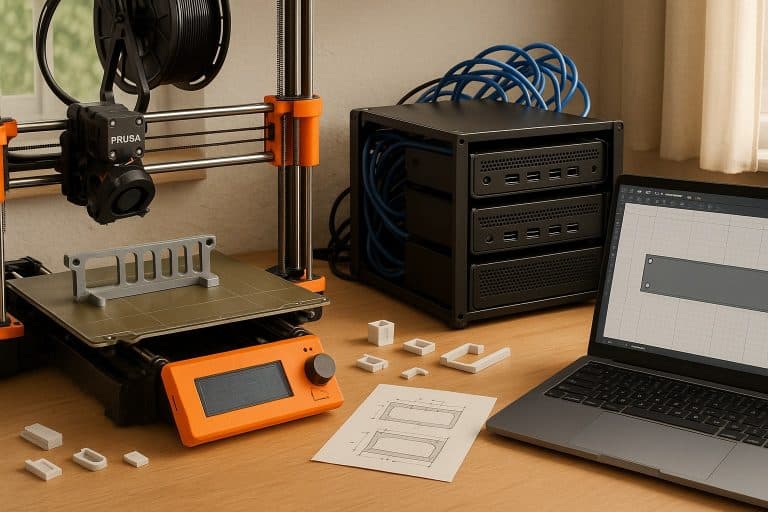A maker’s 3D printing workflow in a home lab: Prusa MK4 mid-print on a rack mount prototype, DeskPi Rackmate T2 with Minisforum PCs, OpenSCAD CAD model, and messy Ethernet cables.