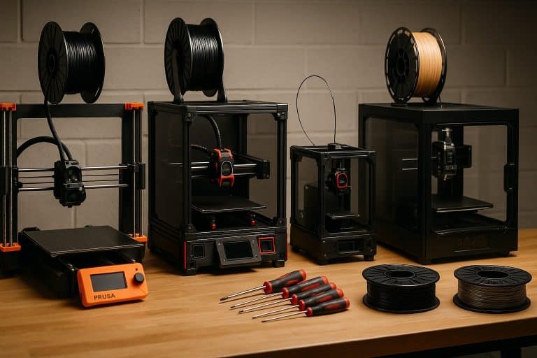 A line of 3D printers in a workshop showing the progression of building and upgrading printers.