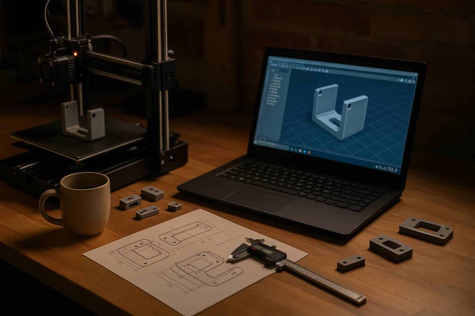 A warm, well-lit workbench with a 3D printer mid-print, a laptop displaying a CAD model, calipers, a coffee mug, and sketches of part designs. The scene reflects the creative process of designing and refining custom 3D printed parts.