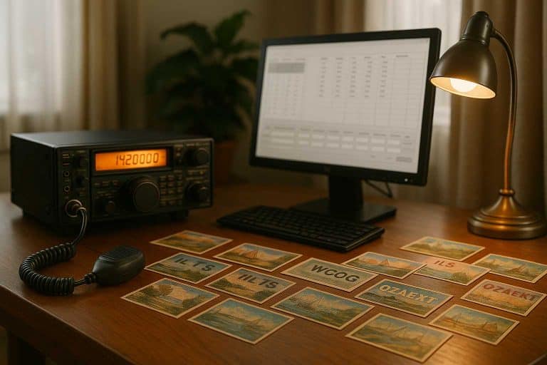 A well lit desk with a computer showing ham radio logging software with a ham radio transceiver and QSL cards scattered on the desk.