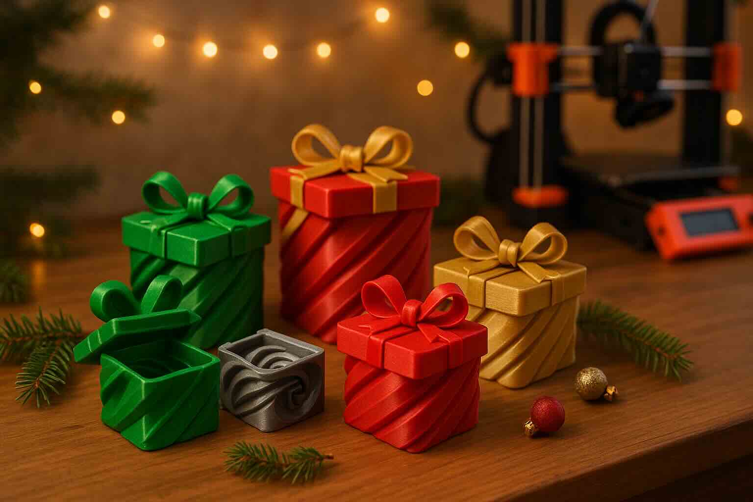Multiple 3D printed gift boxes in red, green, and gold with spiral twist mechanisms on wooden surface