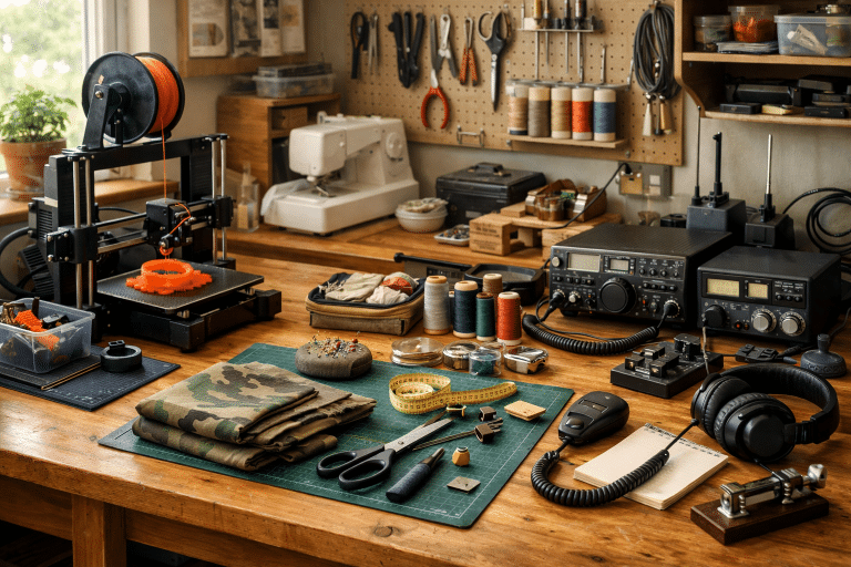 A well-lit maker workshop with a wooden workbench featuring a 3D printer mid-print, sewing tools and folded fabric, and ham radio equipment arranged neatly. The space feels warm and practical, with natural light and ongoing projects that reflect learning, achieving goals, creativity, and custom gear making.