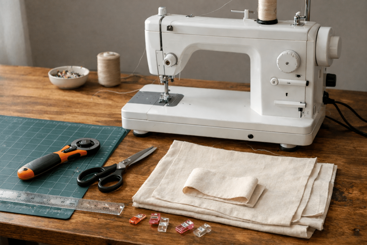 Fabric and sewing tools laid out beside a Juki-style machine during a MYOG burrito pillow case tutorial.